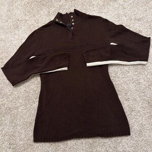 Tommy Hilfiger Dark Brown Zip-Up Sweater with Cream Stripes